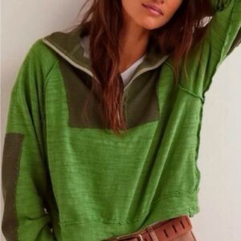 Free People Like New Green Quarter Zip Sweater: Size- Small